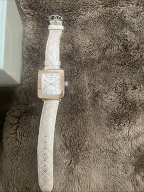Michele Square Silver Case Watch with Cream Quilted Leather Strap